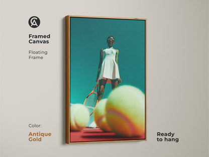 Framed canvas artwork featuring a female tennis player in a white dress. The floating frame is antique gold. She is standing on a red court with tennis balls around her. This ready to hang artwork adds a touch of elegance and sport to your space. Get yours now