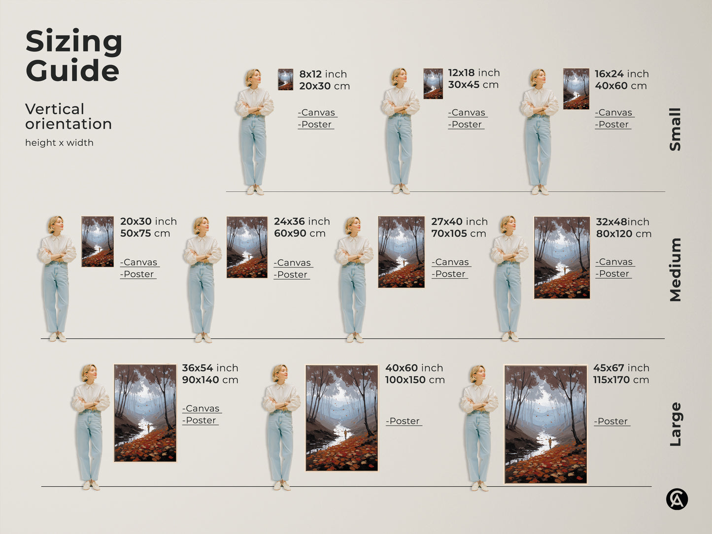 Sizing Guide for Vertical Nature Landscape Canvas Art Print. Sizes range from small to large. Choose from canvas or poster options. A perfect housewarming gift or for outdoor lovers this piece adds a sense of peaceful exploration to any room.