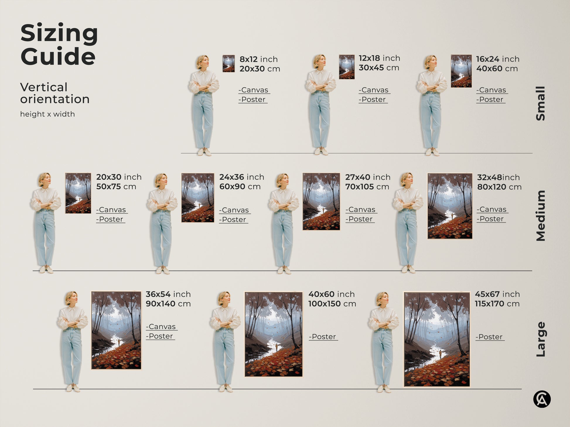 Sizing Guide for Vertical Nature Landscape Canvas Art Print. Sizes range from small to large. Choose from canvas or poster options. A perfect housewarming gift or for outdoor lovers this piece adds a sense of peaceful exploration to any room.