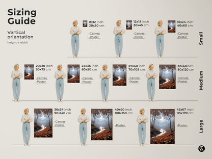 Sizing Guide for Vertical Nature Landscape Canvas Art Print. Sizes range from small to large. Choose from canvas or poster options. A perfect housewarming gift or for outdoor lovers this piece adds a sense of peaceful exploration to any room.