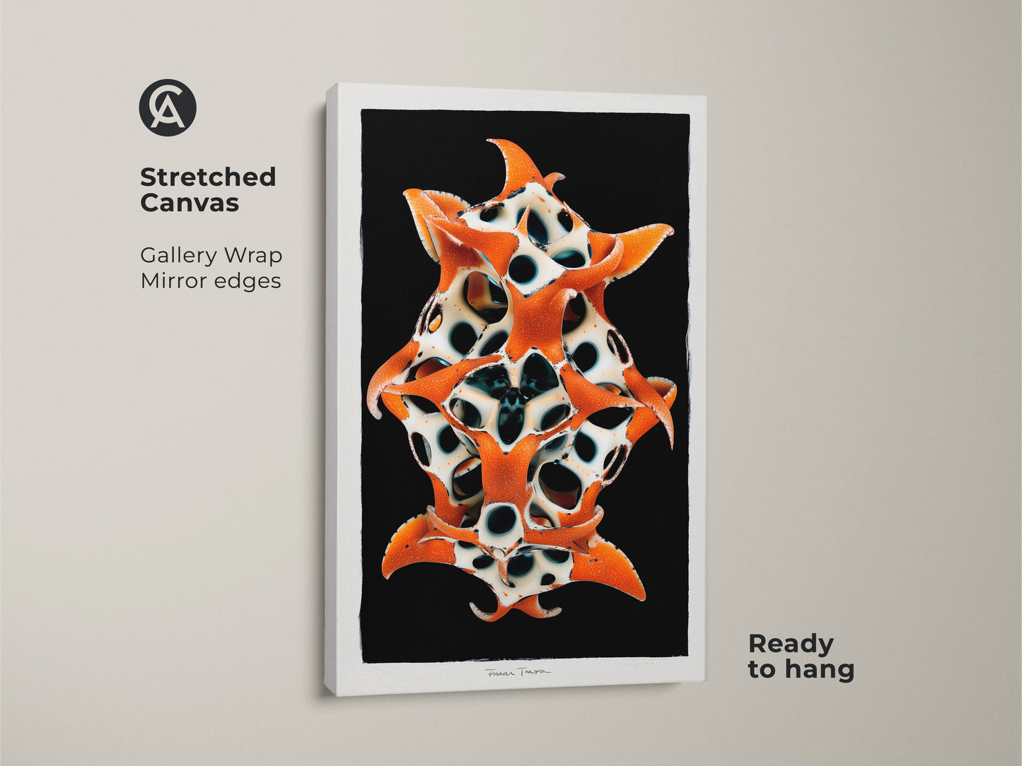 Stretched Canvas showcasing surreal biomorphic sculpture artwork. Orange black white art print. Abstract organic forms create a contemporary starfish wall art. Perfect as modern art for entry hall. Unique home decor art