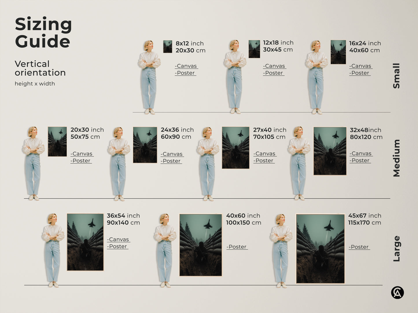 Sizing guide for vertical military artwork. See the soldier in trench with fighter jet in various sizes. Visualize how the canvas or poster fits in your space. Find the perfect size for your office study or man cave wall art.