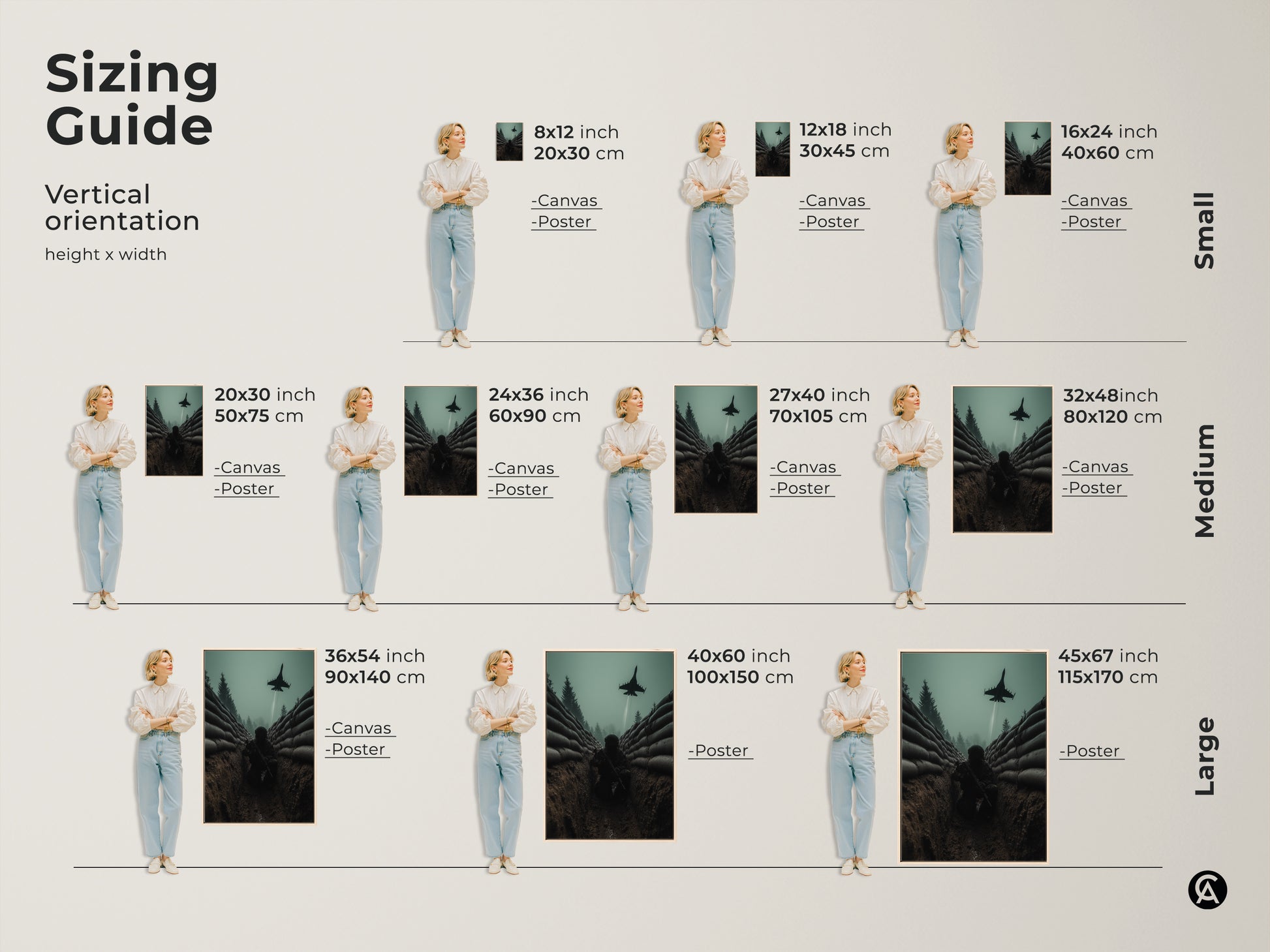 Sizing guide for vertical military artwork. See the soldier in trench with fighter jet in various sizes. Visualize how the canvas or poster fits in your space. Find the perfect size for your office study or man cave wall art.