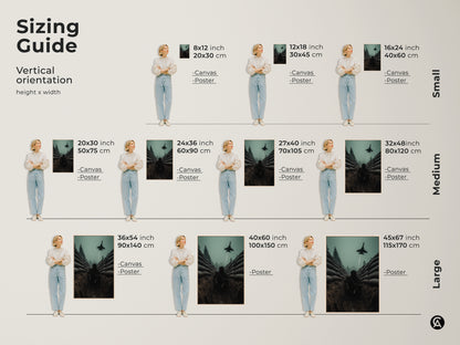 Sizing guide for vertical military artwork. See the soldier in trench with fighter jet in various sizes. Visualize how the canvas or poster fits in your space. Find the perfect size for your office study or man cave wall art.