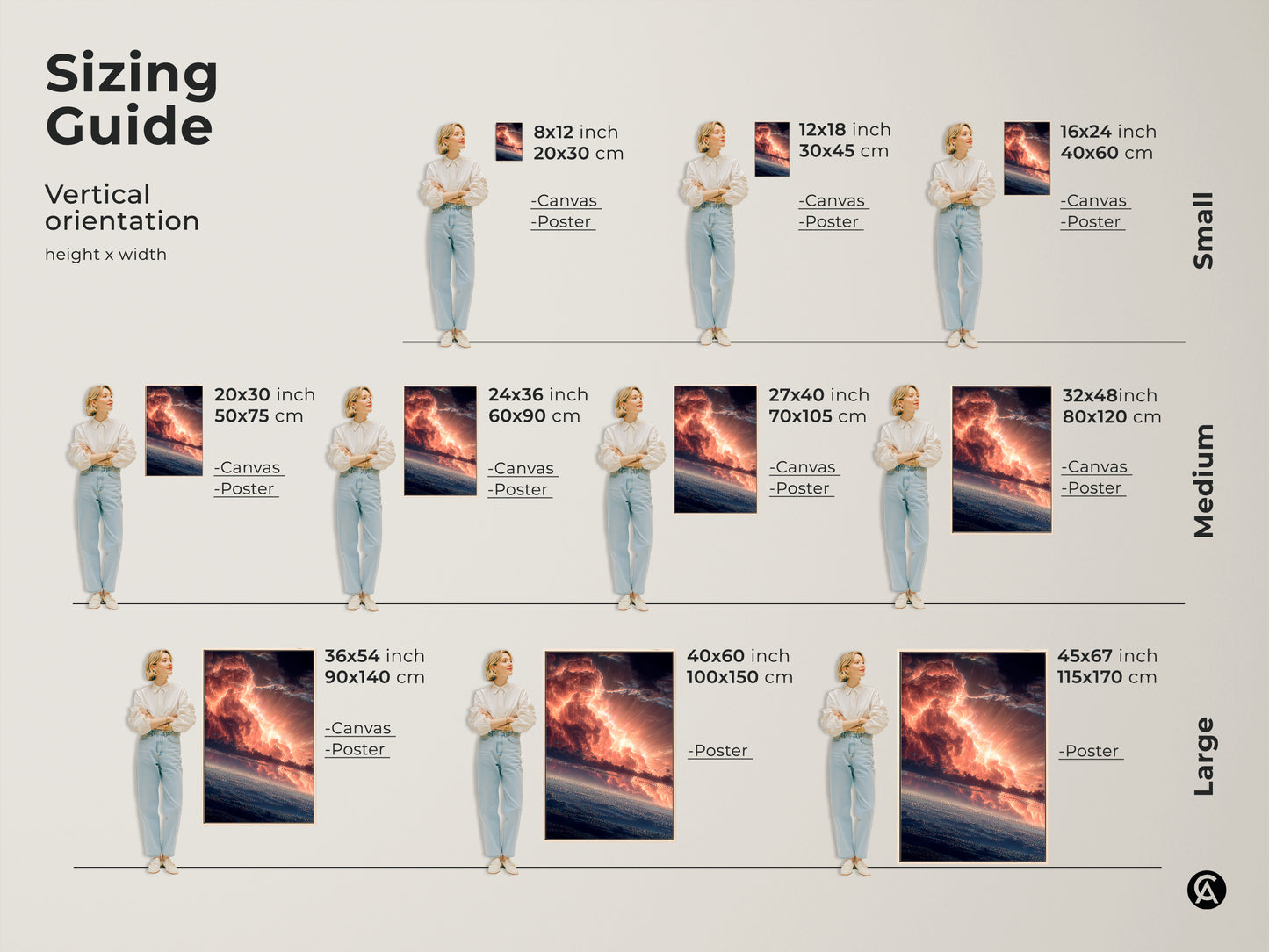 Sizing guide for dramatic sky artwork. Vertical orientation with various height and width options. Available as canvas or poster print. Find the perfect size to complement your space. Small medium and large sizes available.