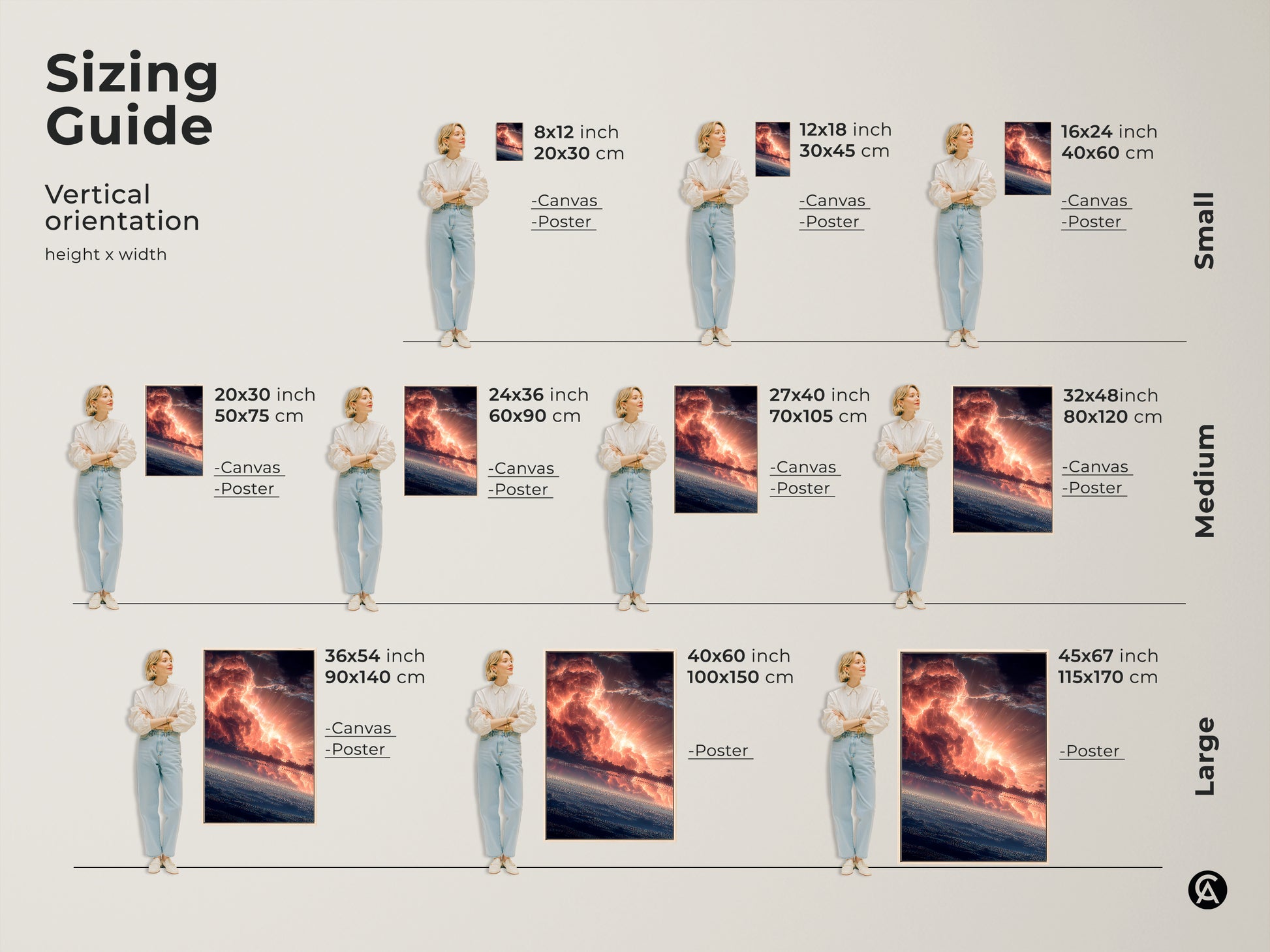 Sizing guide for dramatic sky artwork. Vertical orientation with various height and width options. Available as canvas or poster print. Find the perfect size to complement your space. Small medium and large sizes available.