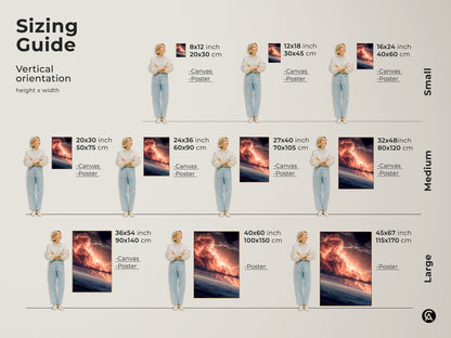 Sizing guide for dramatic sky artwork. Vertical orientation with various height and width options. Available as canvas or poster print. Find the perfect size to complement your space. Small medium and large sizes available.