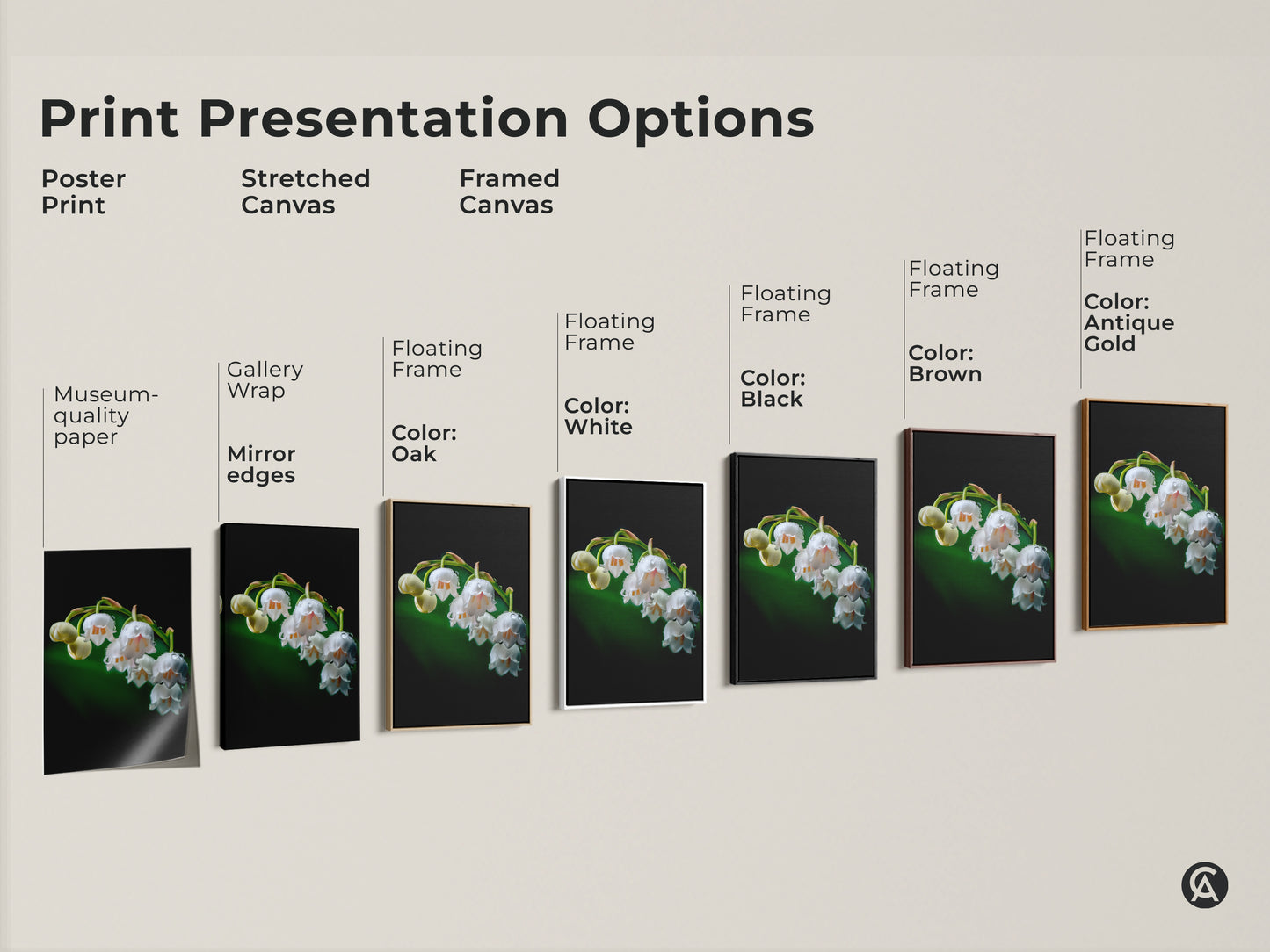 This print presentation options display showcases Lily of the Valley wall art. See poster prints stretched canvases and framed canvas. Choose from white black oak brown and antique gold frames for your botanical artwork.