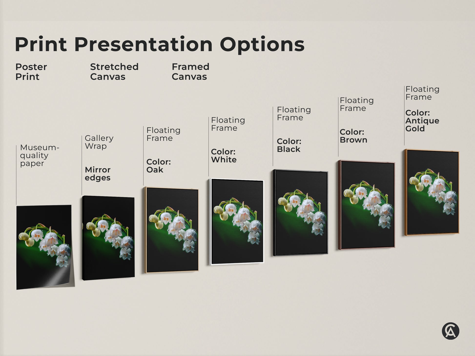 This print presentation options display showcases Lily of the Valley wall art. See poster prints stretched canvases and framed canvas. Choose from white black oak brown and antique gold frames for your botanical artwork.