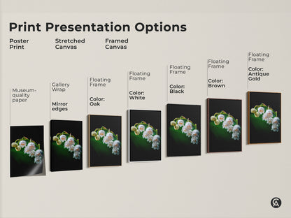 This print presentation options display showcases Lily of the Valley wall art. See poster prints stretched canvases and framed canvas. Choose from white black oak brown and antique gold frames for your botanical artwork.