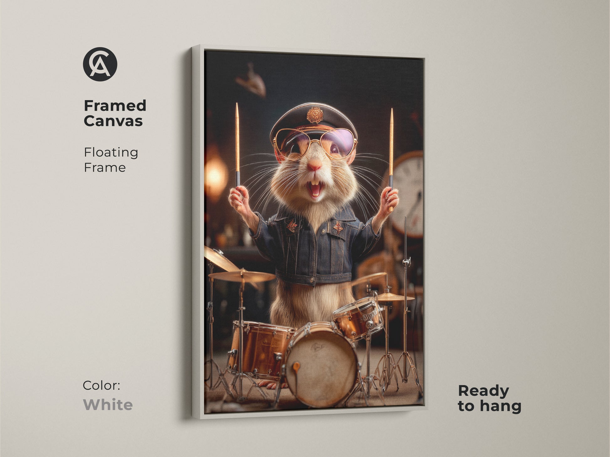 A framed canvas features a hamster drummer. This unique wall art adds personality. The floating frame is white. It's an animal playing drums art piece. Enhance your decor with this rockstar hamster art.