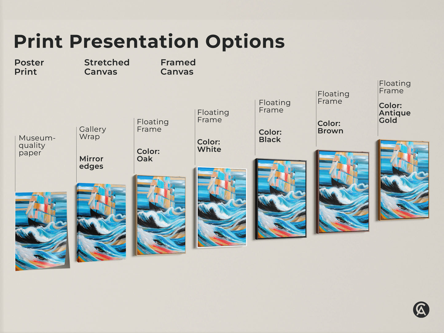 Explore print presentation options. See a variety of framed and stretched canvases. Select a poster print of a sailboat or a museum-quality art print. Find the perfect option for your aesthetic taste.