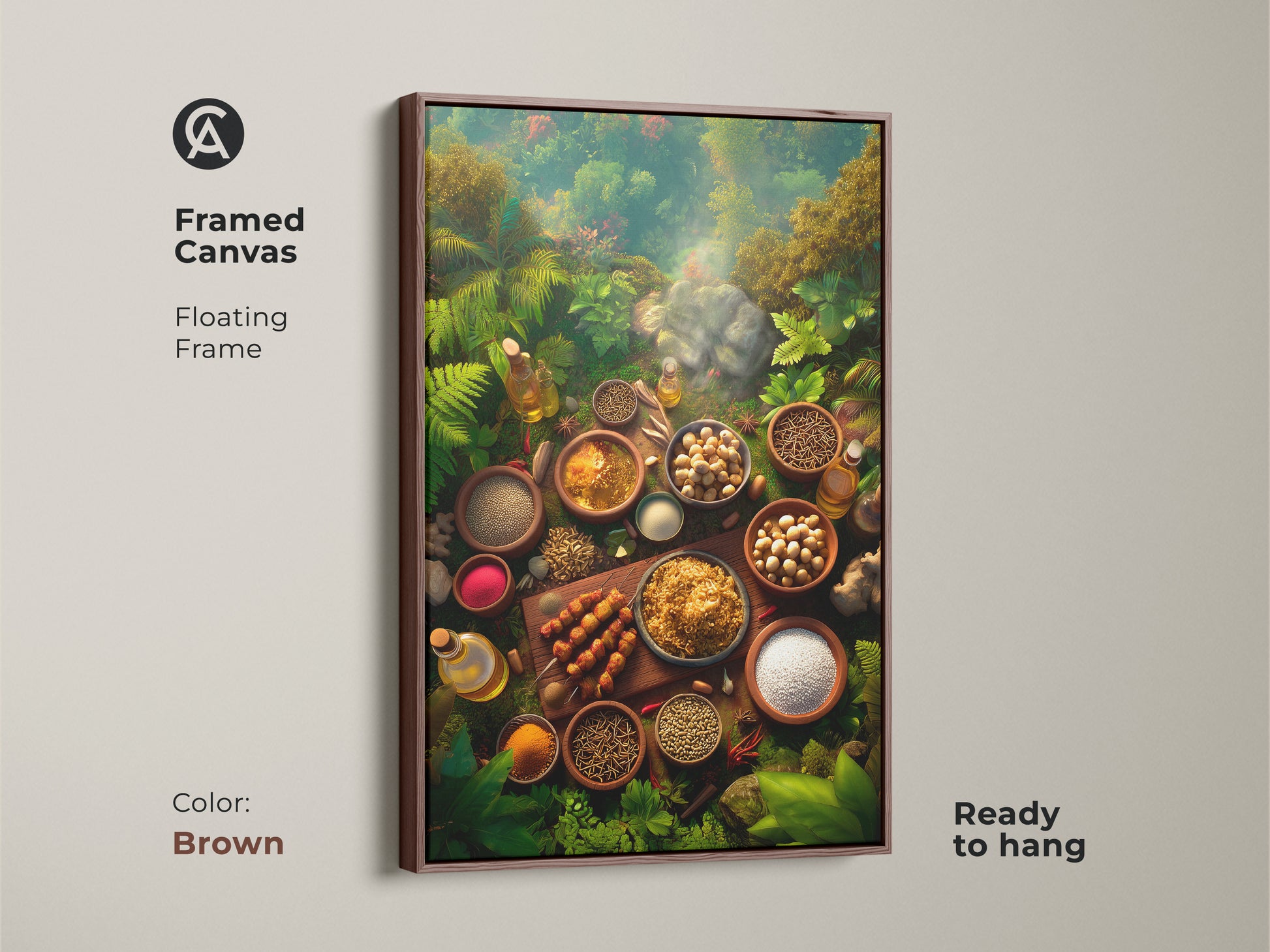 Framed in brown this canvas artwork features spices and ingredients. The floating frame complements the lush jungle background. This ready-to-hang piece enhances your living space. The culinary-themed art creates a cozy inviting atmosphere. Add a touch of organic warmth with this unique wall art.