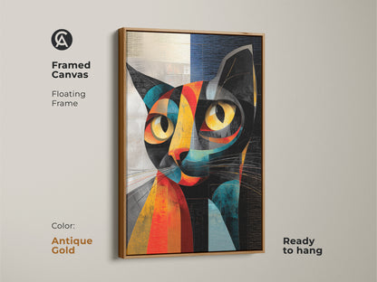Framed canvas displaying a cubist abstract cat artwork in an antique gold floating frame. The geometric feline art is ready to hang. This modern animal canvas print brings a touch of elegance. The yellow teal and red cat artwork is perfect for stylish decor.