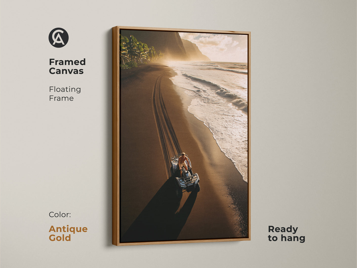 Framed Canvas featuring coastal landscape photography. Antique Gold floating frame is ready to hang. Ocean blue and warm earth tones art is perfect for entry hall coastal decor.