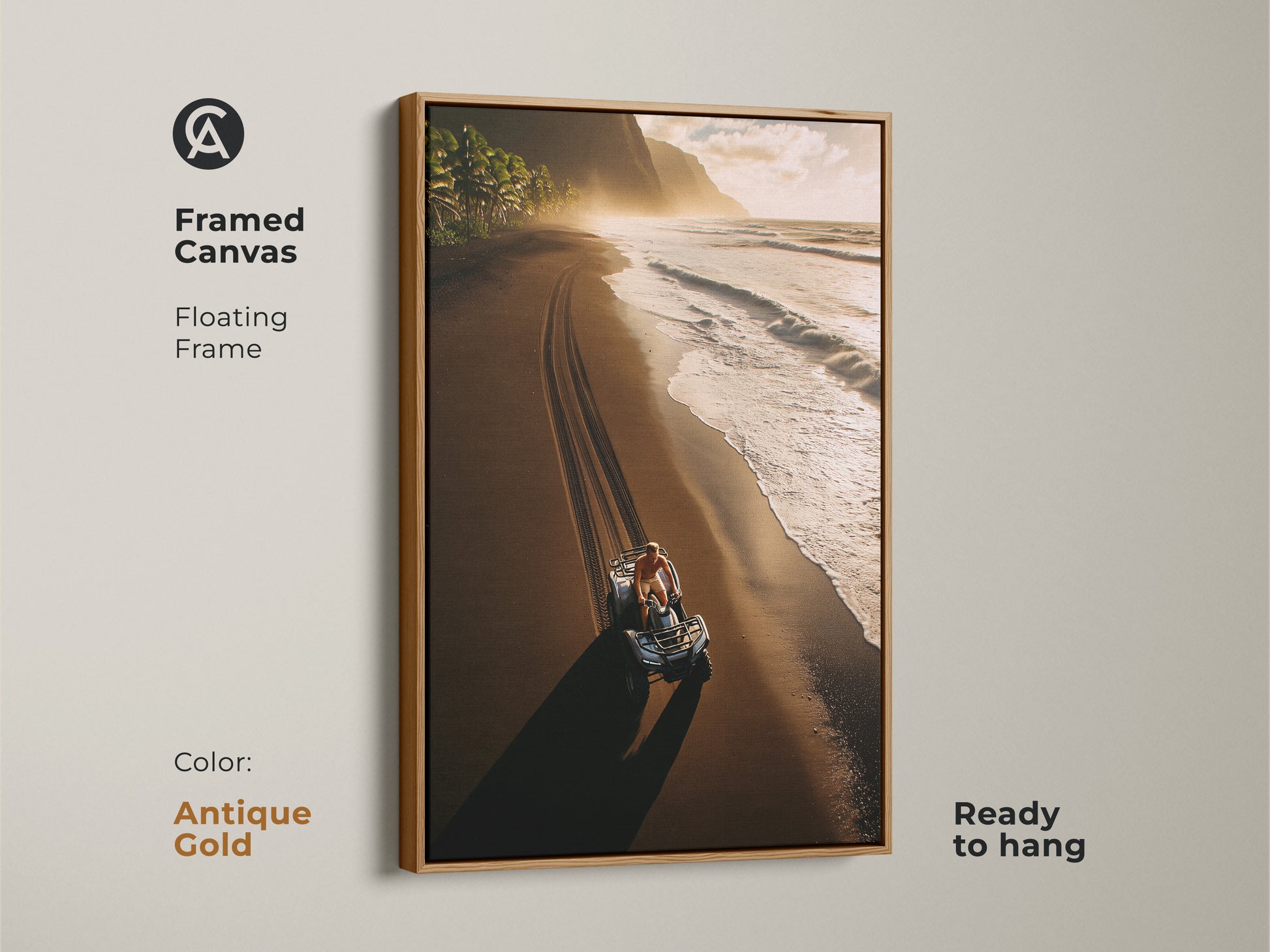 Framed Canvas featuring coastal landscape photography. Antique Gold floating frame is ready to hang. Ocean blue and warm earth tones art is perfect for entry hall coastal decor.