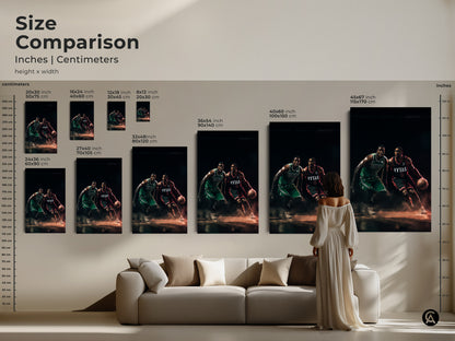 Size comparison of basketball art prints in inches and centimeters. See how different sizes of canvas and poster prints look in a living room setting. Choose the ideal dimensions to complement your space with this artwork.