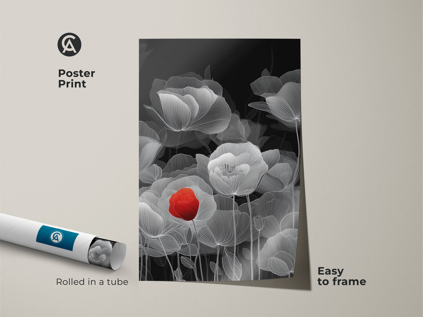 Poster print showcasing abstract botanical line art. The red poppy stands out against the black and white floral background. Rolled in a tube and easy to frame. This minimalist art brings contemporary floral decor to any space. It makes a thoughtful housewarming gift.