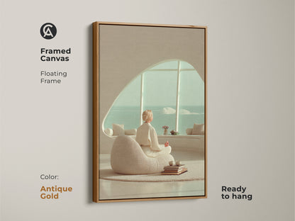 Antique Gold framed canvas featuring a minimalist woman in a meditative pose. This zen yoga wall art canvas has a tranquil ocean view. This art is perfect for a zen bedroom.