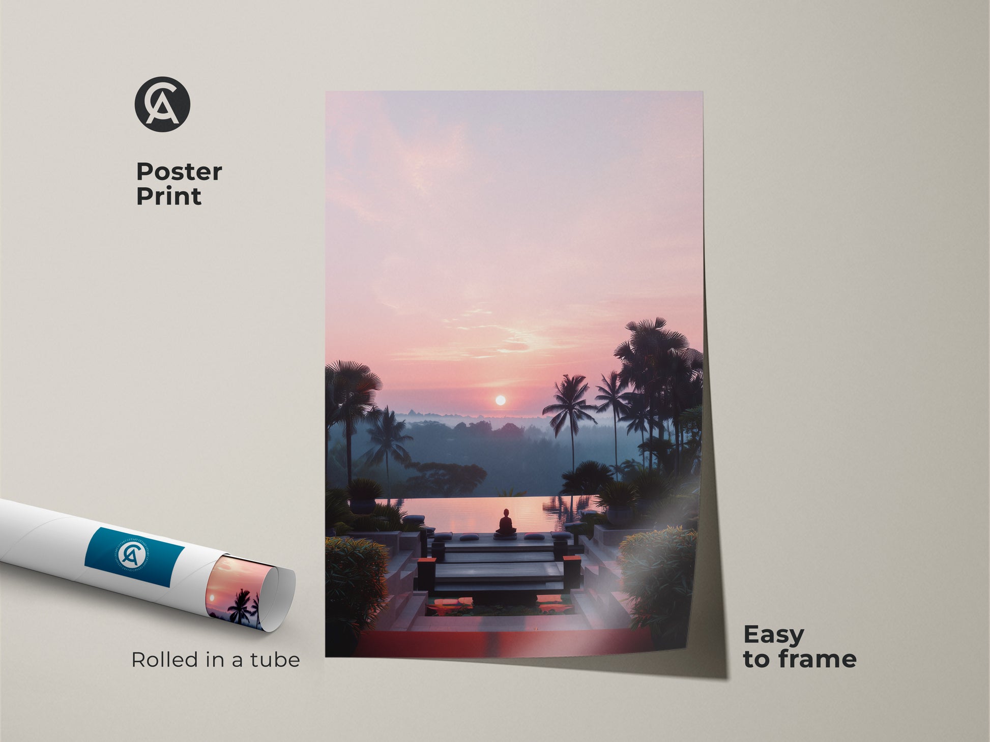 Poster print of a Zen Buddha Pool at sunset. This tropical landscape artwork is rolled in a tube for easy framing. The pink and orange color palette brings a boho vibe to your home decor. Ideal for yoga and meditation spaces. The artwork is easy to frame.