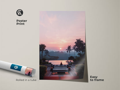 Poster print of a Zen Buddha Pool at sunset. This tropical landscape artwork is rolled in a tube for easy framing. The pink and orange color palette brings a boho vibe to your home decor. Ideal for yoga and meditation spaces. The artwork is easy to frame.