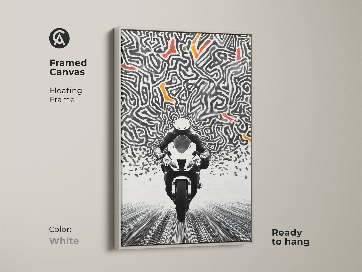 This framed canvas art has a white floating frame. This abstract motorcycle print offers a clean modern look. The speed maze artwork complements any decor. This canvas is ready to hang and easy to display. Perfect for contemporary art enthusiasts.