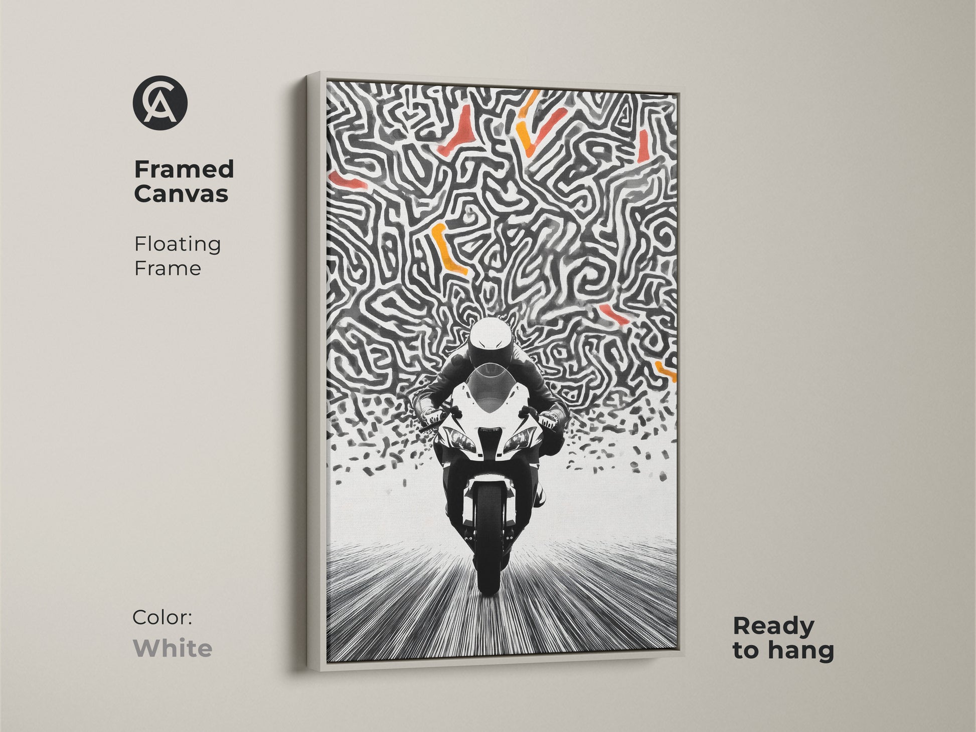 This framed canvas art has a white floating frame. This abstract motorcycle print offers a clean modern look. The speed maze artwork complements any decor. This canvas is ready to hang and easy to display. Perfect for contemporary art enthusiasts.