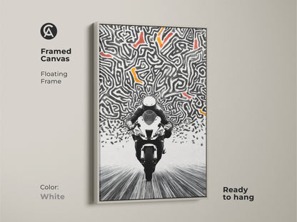This framed canvas art has a white floating frame. This abstract motorcycle print offers a clean modern look. The speed maze artwork complements any decor. This canvas is ready to hang and easy to display. Perfect for contemporary art enthusiasts.