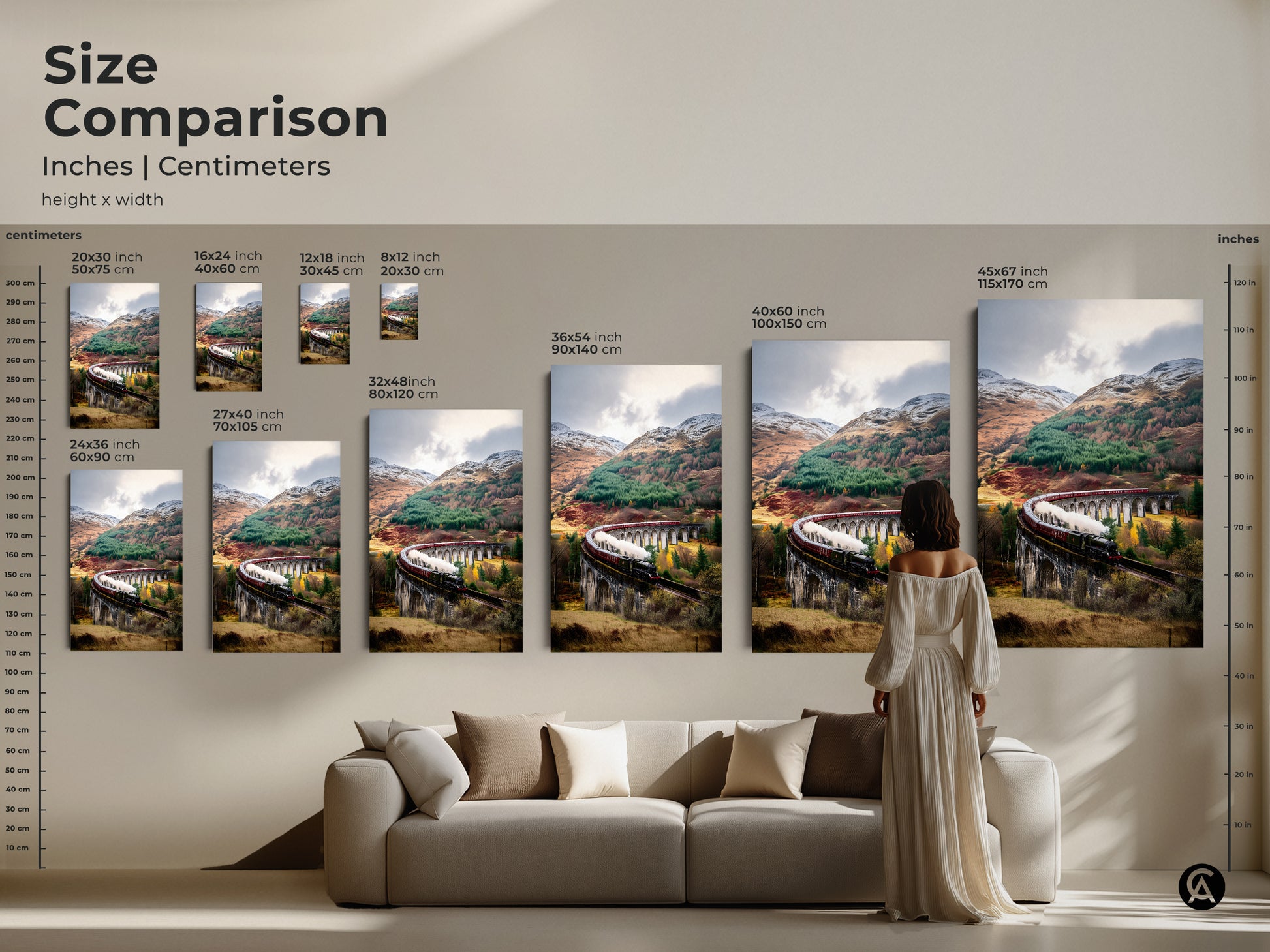 A size comparison illustrates the impact of this scenic railway wall art in inches and centimeters. Visualize the vintage steam train art print above a couch. This autumn forest decor transforms any living room. Consider this traditional train artwork as a focal point.