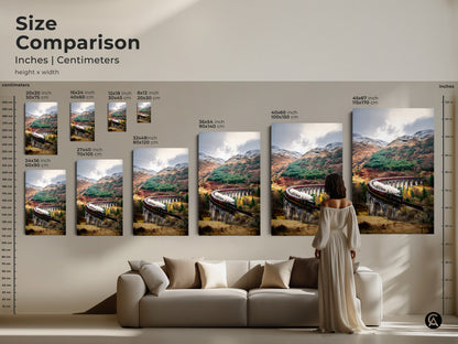 A size comparison illustrates the impact of this scenic railway wall art in inches and centimeters. Visualize the vintage steam train art print above a couch. This autumn forest decor transforms any living room. Consider this traditional train artwork as a focal point.