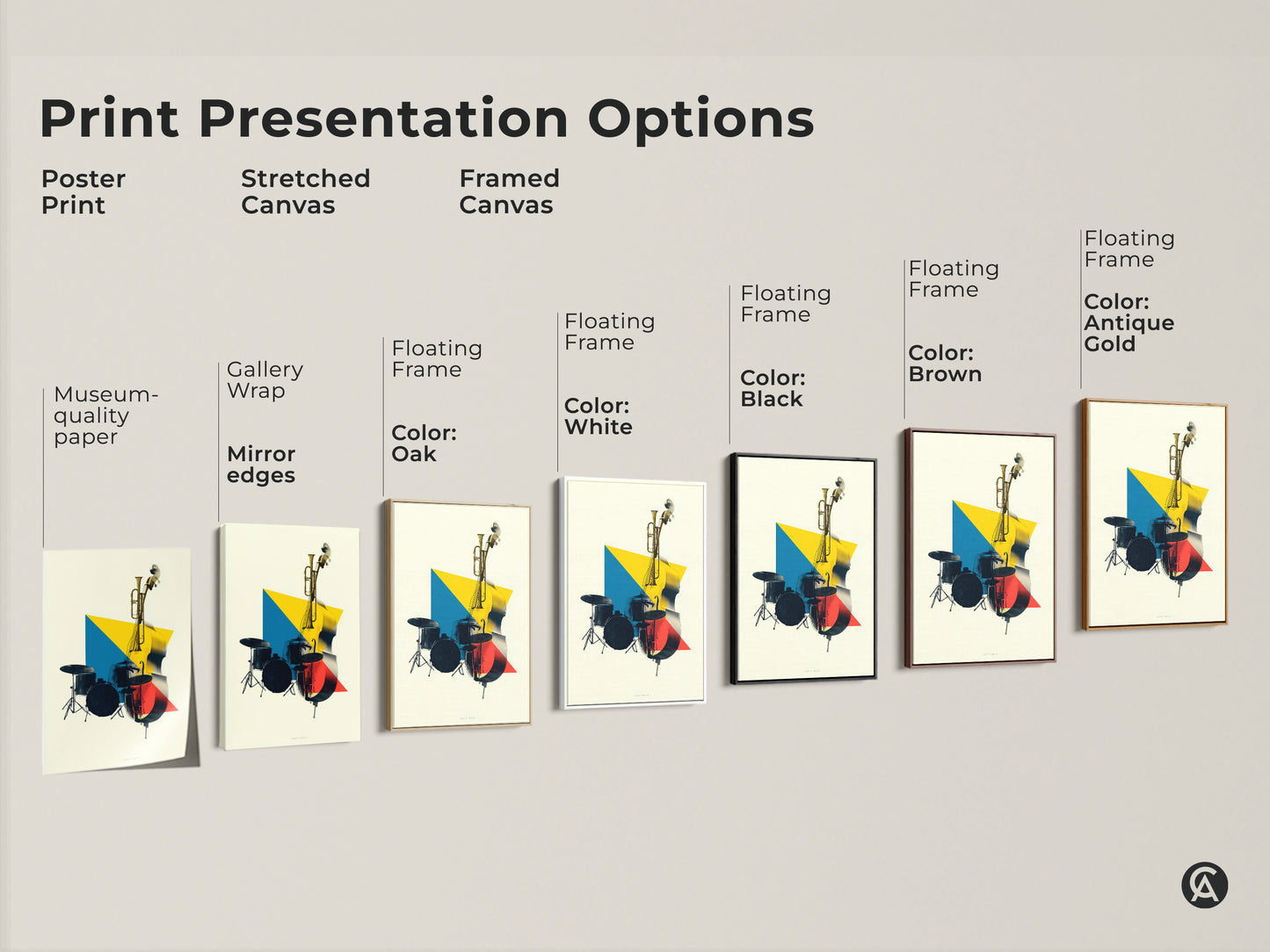 Print presentation options featuring poster print stretched canvas and framed canvas. A geometric music artwork showcases a double bass trumpet in yellow blue red tones. Perfect for musician gift.