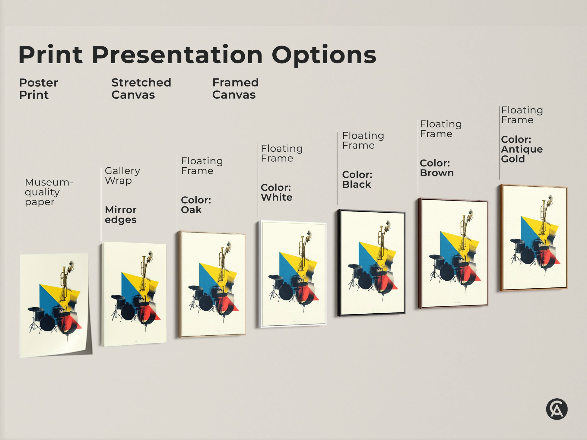 Print presentation options featuring poster print stretched canvas and framed canvas. A geometric music artwork showcases a double bass trumpet in yellow blue red tones. Perfect for musician gift.