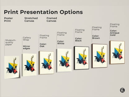 Print presentation options featuring poster print stretched canvas and framed canvas. A geometric music artwork showcases a double bass trumpet in yellow blue red tones. Perfect for musician gift.