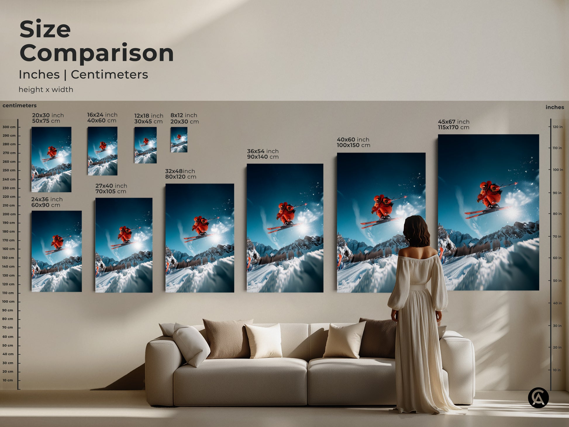 Size comparison of skiing art prints in inches and centimeters. See how the artwork looks in various sizes. Visualize the impact on your wall. Choose from small to large prints featuring a skier in action. Perfect for adding a dynamic touch to your home