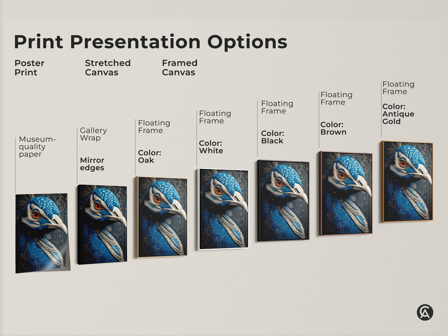 Print presentation options for Art Nouveau peacock art. Choose from a poster print or a stretched canvas. Framed canvas options are available in oak black brown antique gold and white.  Wildlife bird artwork for any space.