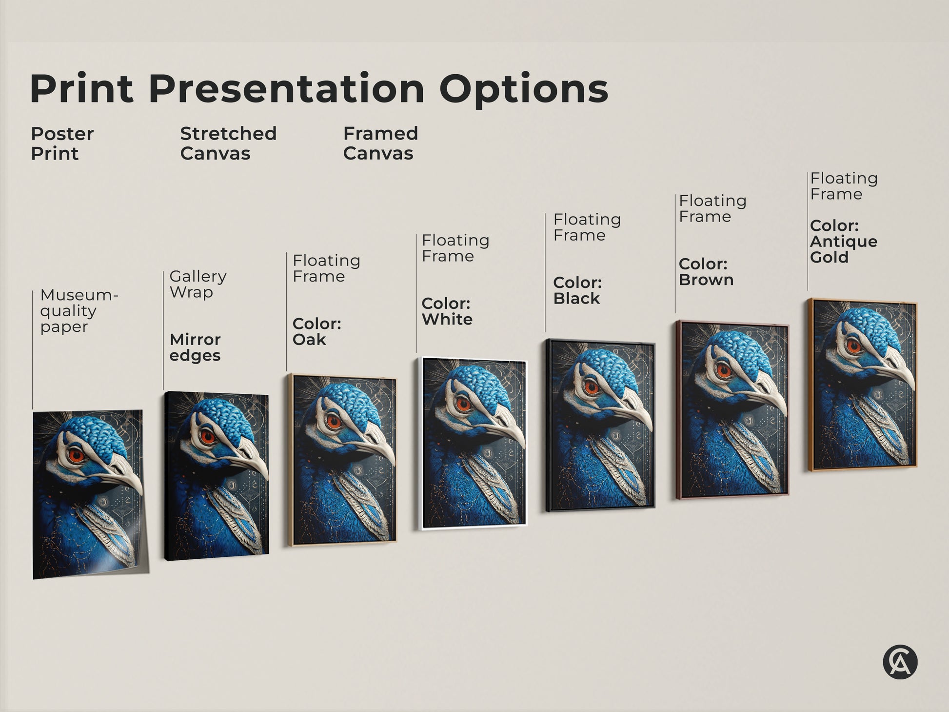 Print presentation options for Art Nouveau peacock art. Choose from a poster print or a stretched canvas. Framed canvas options are available in oak black brown antique gold and white.  Wildlife bird artwork for any space.