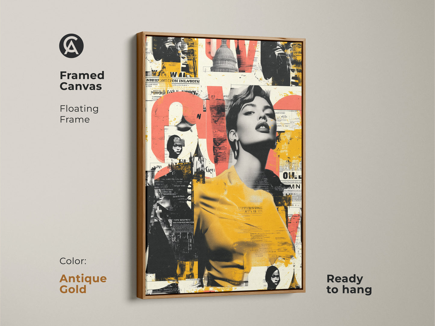 Antique gold framed canvas with a floating frame showcasing a retro woman portrait artwork. The bold coral black and yellow color palette enhances any space. This urban style poster print is ready to hang. Ideal for vintage fashion lovers seeking unique eclectic wall decor.