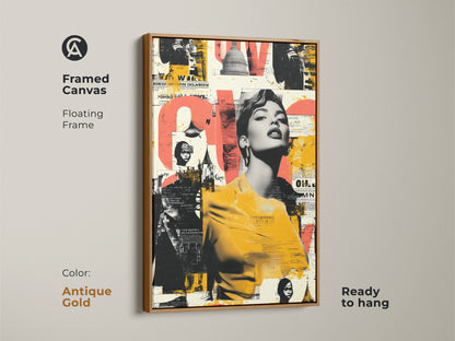 Antique gold framed canvas with a floating frame showcasing a retro woman portrait artwork. The bold coral black and yellow color palette enhances any space. This urban style poster print is ready to hang. Ideal for vintage fashion lovers seeking unique eclectic wall decor.