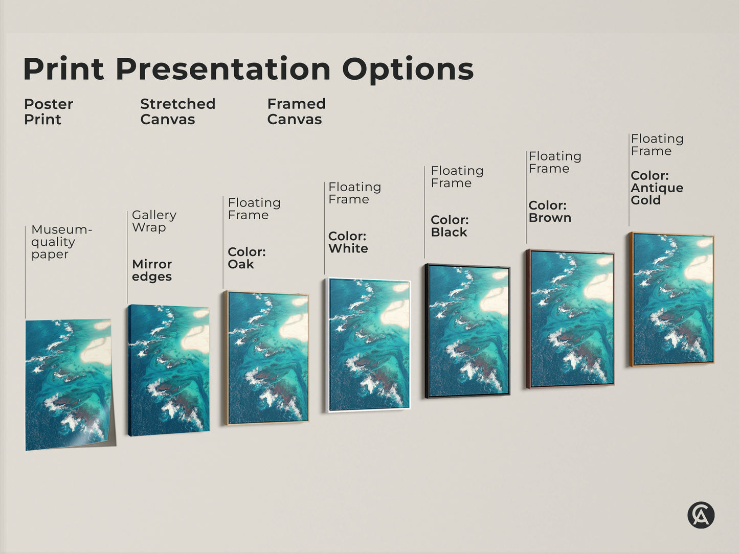 Explore print presentation options for aerial ocean view canvas art. Choose from poster prints stretched canvas and framed artwork. Options include black brown oak white and antique gold frames. Find the perfect coastal home gift.