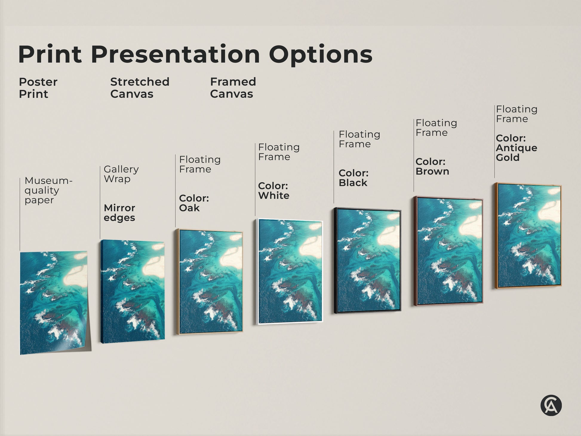 Explore print presentation options for aerial ocean view canvas art. Choose from poster prints stretched canvas and framed artwork. Options include black brown oak white and antique gold frames. Find the perfect coastal home gift.