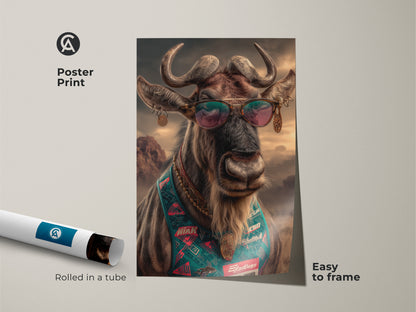 Poster print of a wildebeest wearing sunglasses. Retro pop art animal print. Wildlife portrait canvas artwork. It is easy to frame eclectic entryway decor. Great animal lover birthday gift.
