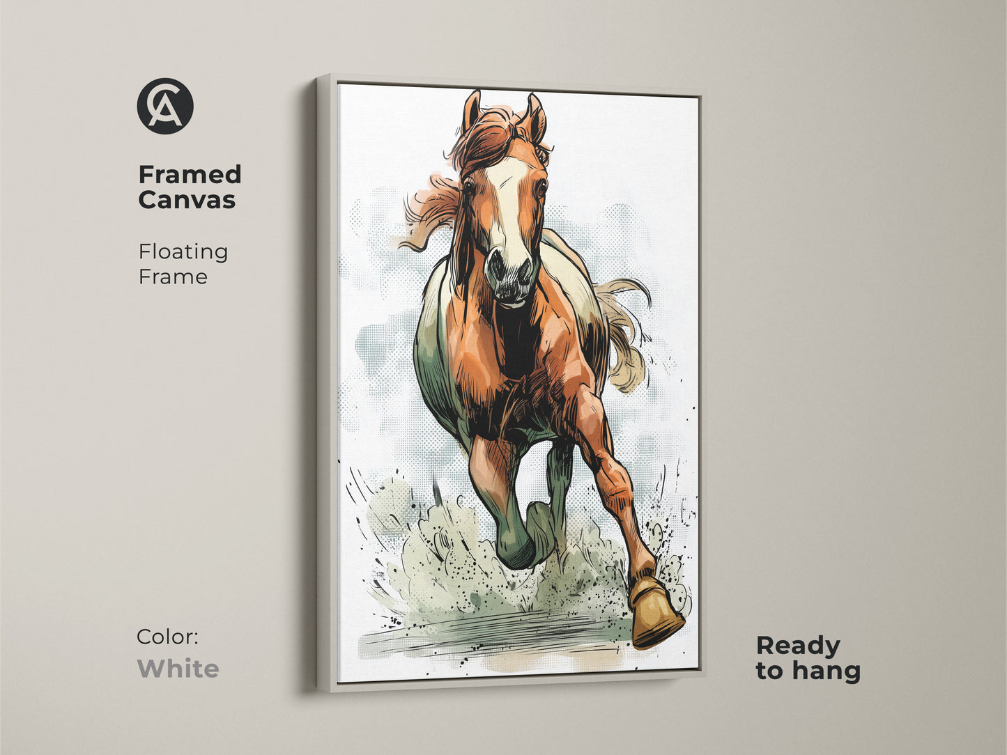 Framed Canvas displays rustic horse art print. The equestrian wall decor showcases a running wildlife animal painting. This orange brown artwork is ready to hang in a white floating frame. The dynamic horse painting adds a touch of the wild. A stylish piece for horse themed room decor.