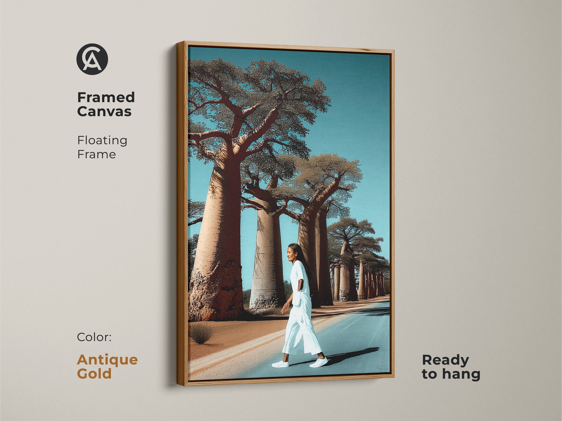 Realistic Baobab tree artwork inside a antique gold floating frame. A woman walks a lonely road. This African landscape canvas art is ready to hang. It brings boho travel decor to any room. The gold and blue tones create vacation vibes. This artwork is a unique gift idea.