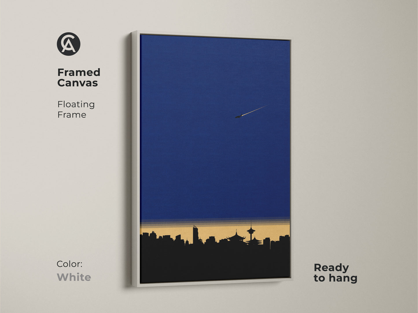 Framed Canvas showcasing minimalist cityscape artwork. This modern skyline art print is designed with a floating frame. The deep blue wall art suits any office. Geometric airplane wall decor that's ready to hang in white.