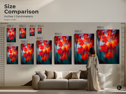 Size comparison of maple leaf artwork. See how different sizes look in a living room setting. Available in various sizes as canvas and poster prints. Find the ideal artwork to enhance your home.