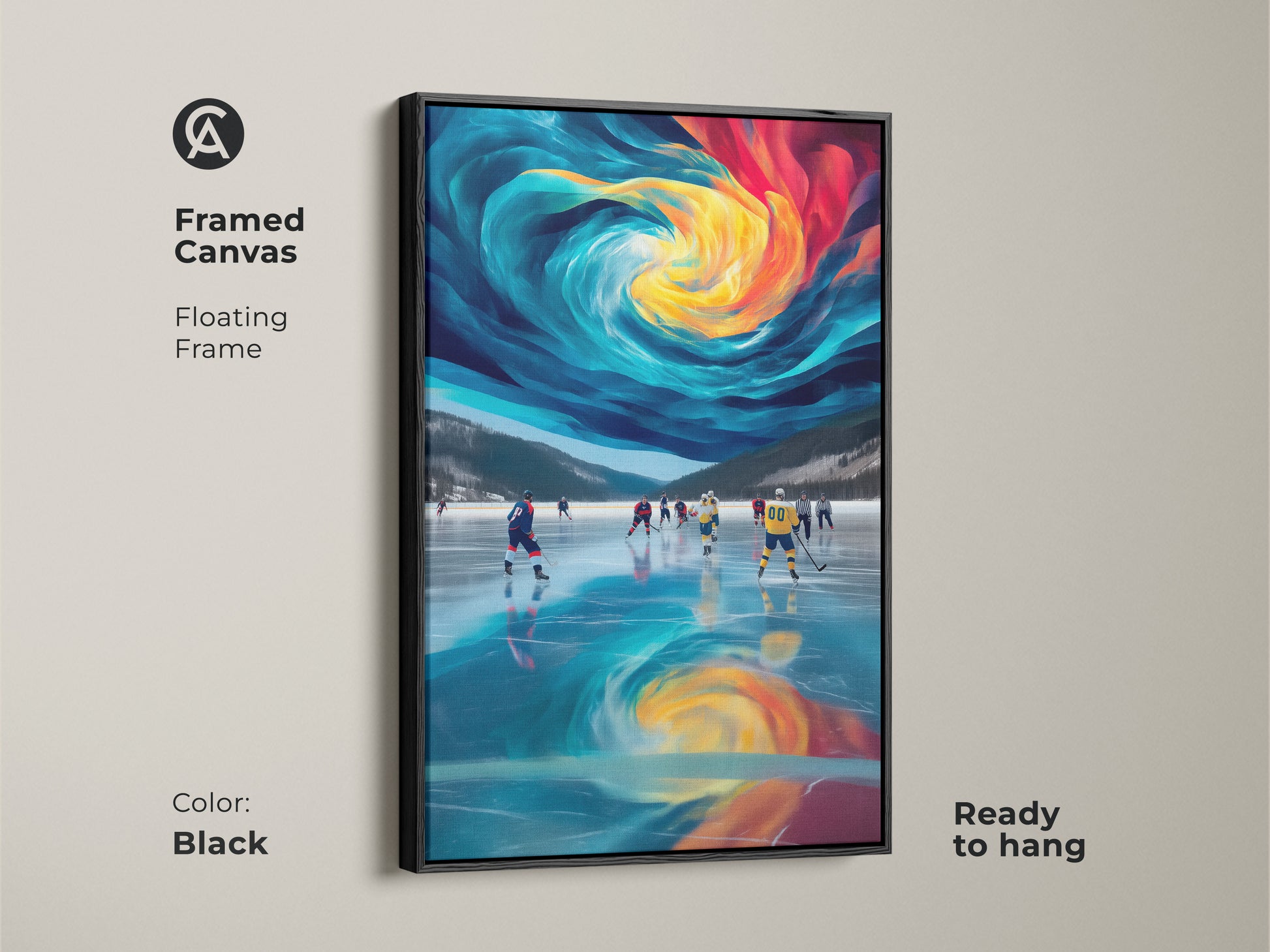 Framed canvas with a floating frame in black featuring abstract hockey art. This modern sports wall art showcases dynamic blue yellow and teal colors. The ice rink scene brings energy to any room. It is ready to hang offering a contemporary aesthetic for offices or home gyms. A unique gift for sports fans.