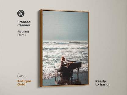 Artwork featuring an antique gold floating frame. The art shows a pianist on a beach. It adds a touch of vintage elegance to the scene. The canvas is ready to hang. It creates a luxurious feel in your living space. Discover this musical beach art today.