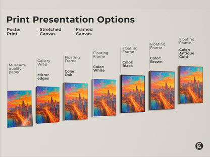 Explore print presentation options for the Chicago skyline art. Choose from poster prints or stretched canvas. Select a framed canvas with various frame colors. Find the perfect art to complement your style. Transform your space today