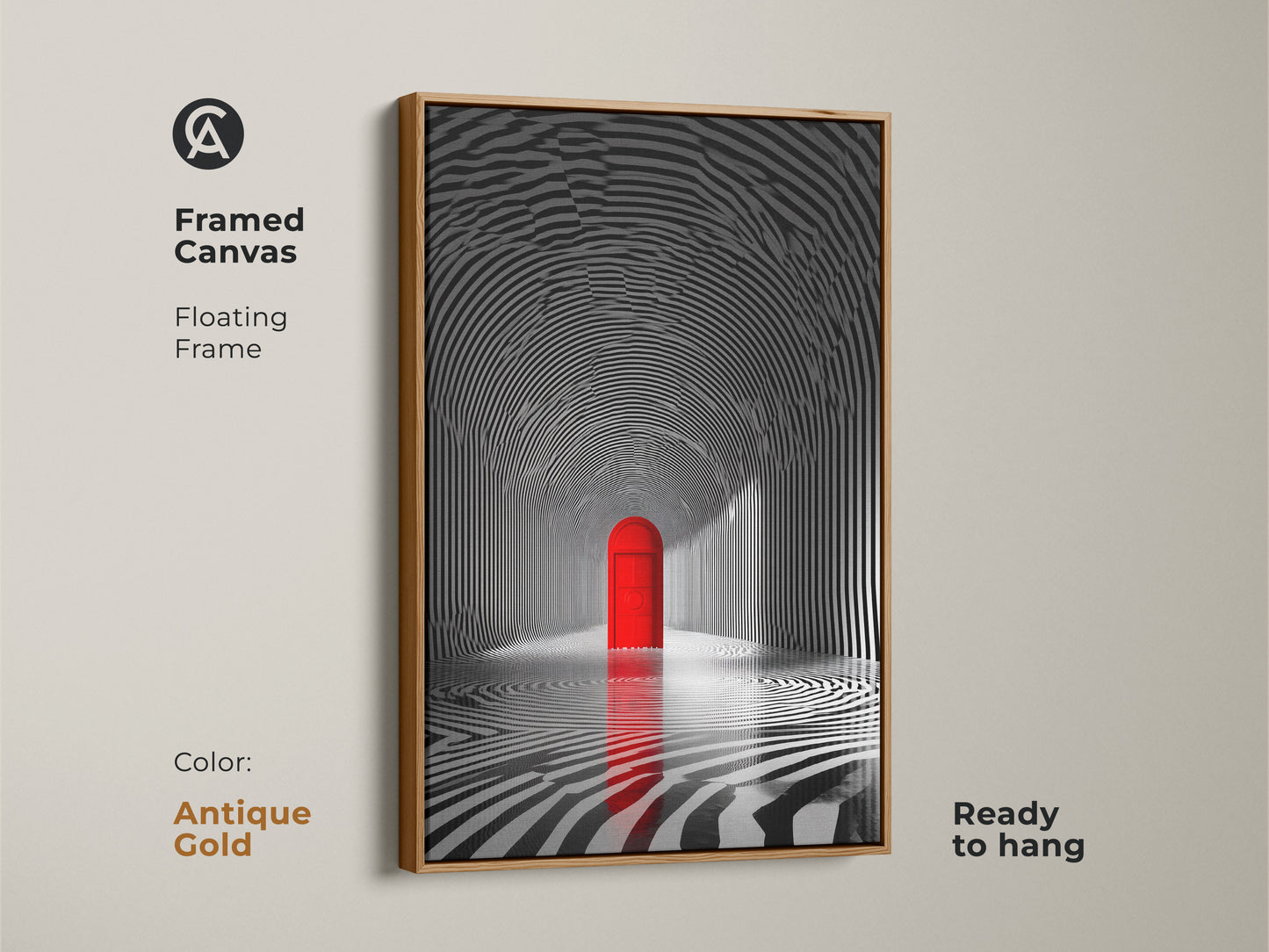 Framed canvas artwork of a striped tunnel with a red door. This ready-to-hang art features an antique gold floating frame. It adds warmth and elegance to the modern artwork. A unique piece that blends classic framing with surreal art. Ideal for art enthusiasts.