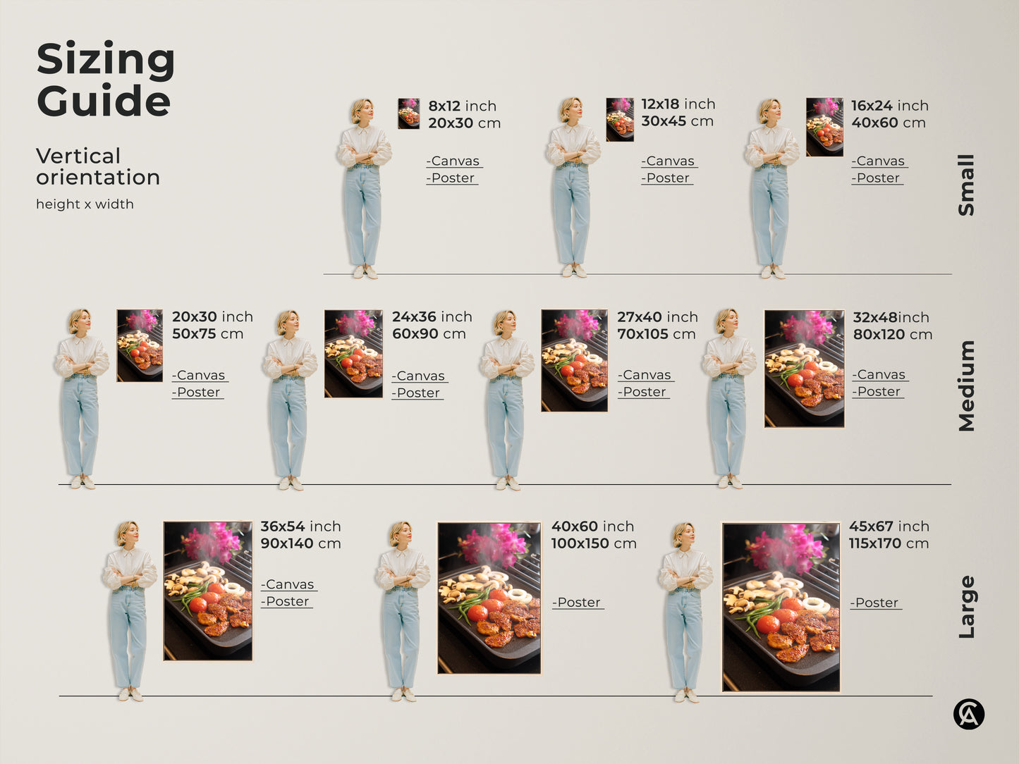 Explore sizing options for grilling food art. Vertical canvas and poster prints are available in small medium and large sizes. Find the perfect fit for your space. Contemporary kitchen wall art that brings a touch of modern flair. Ideal home decor for food lovers.